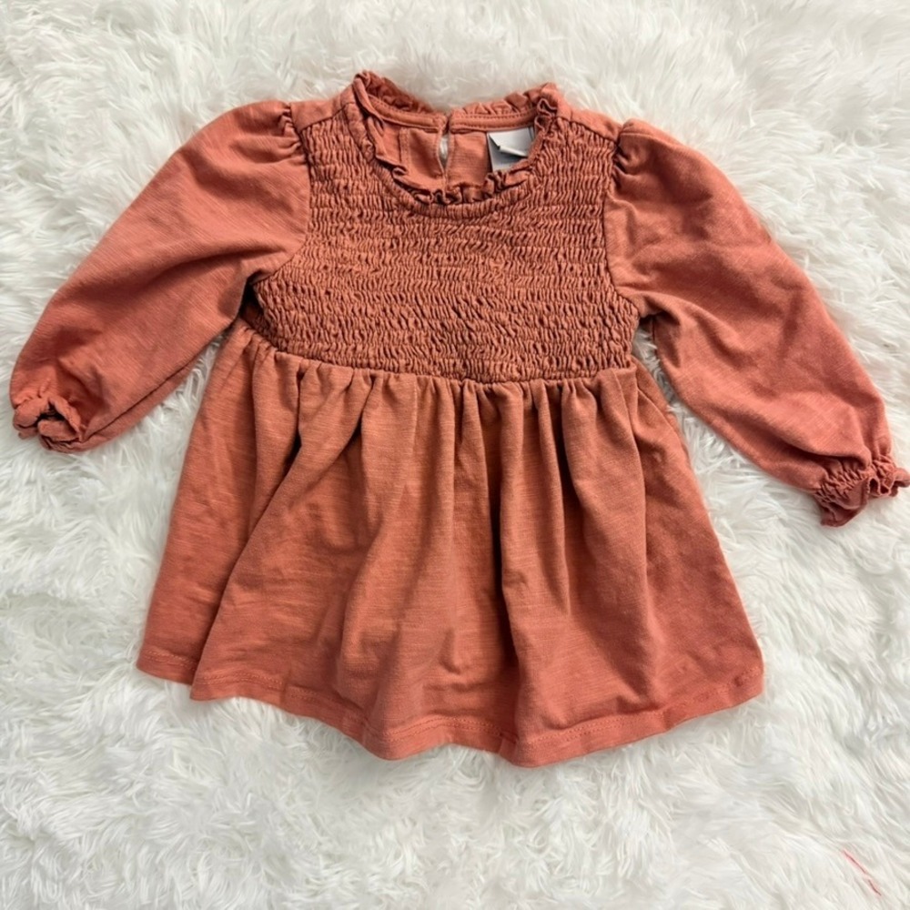 Tahari Baby Girl 18M Smocked Long Sleeve Top Terracotta Orange Ruffle Neck